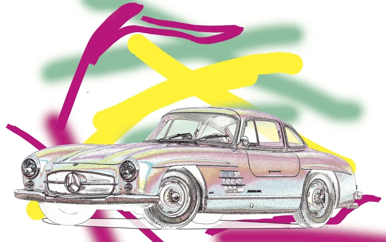 Mercedes-Benz 300 SL – Automobil Art Künstlerisch bearbeitete Darstellung eines Mercedes-Benz 300 SL mit farbigen grafischen Elementen.